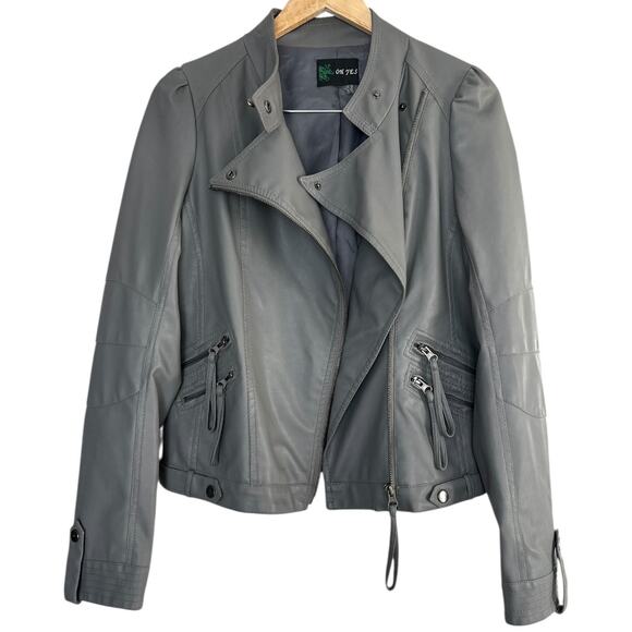 oh yes Jackets & Blazers - OH YES Gray Faux Leather Moto Jacket Asymmetrical Zip Multiple Pockets